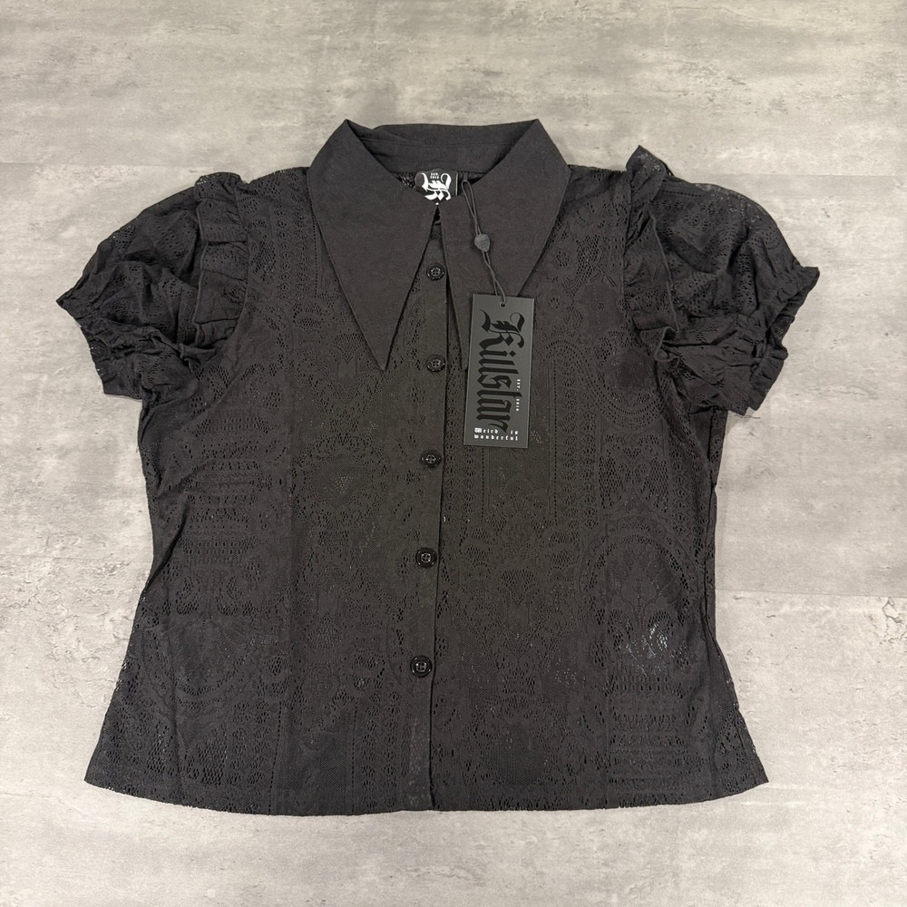 Killstar Blouse Womens XXL Vexina Collar Black Skull Lace Button Down NEW Polo